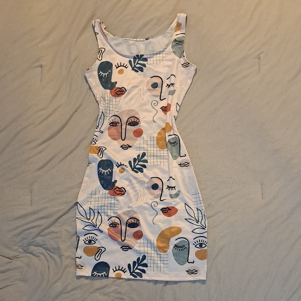 Abstract Face Print Sleeveless Dress